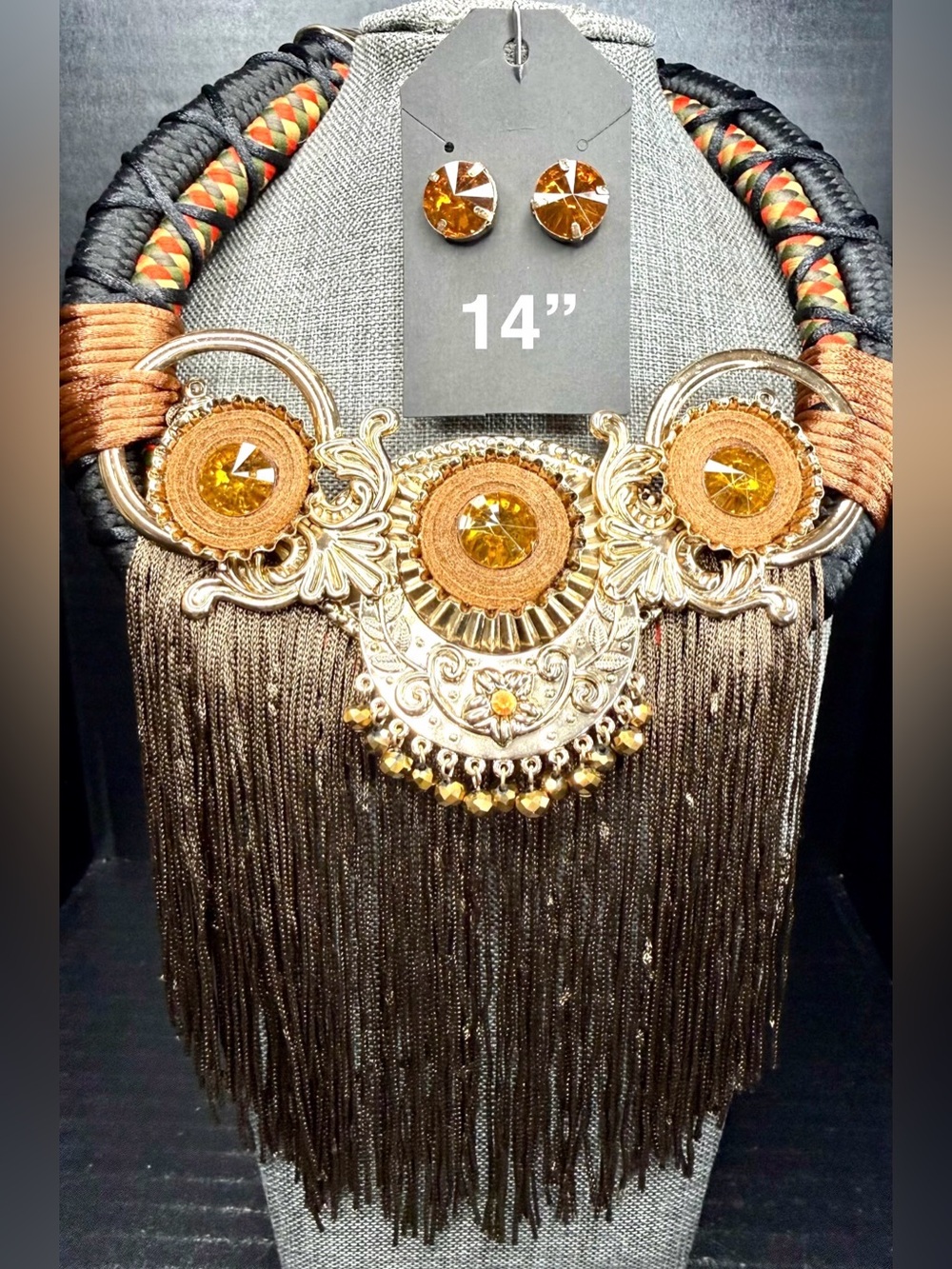 189. Bohemian Gold-Tone Fringe Statement Necklace with Amber Crystals